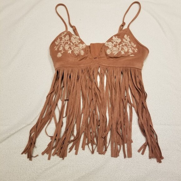 Suede Pink Fringe Bralette Embroidered Flowers Tank Top Forever 21 Nude Medium - Picture 2 of 12